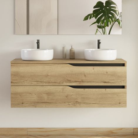 Meuble de salle de bain 120cm avec plateau et 2 vasques à poser Ares - 2 tiroirs - sans miroir - madera miel (bois clair) - LUNA (1/5)