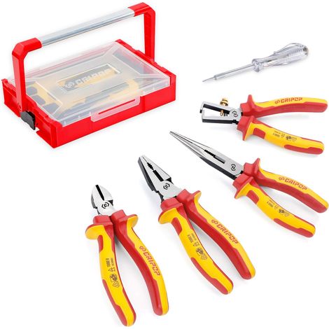 Jeu de 4 pinces isolées 1000 V avec pince universelle de 190 mm, pince coupante latérale 165 mm, pince à dénuder 160 mm, bec long de 210 mm et testeur de tension, avec boîte de rangement (1/5)