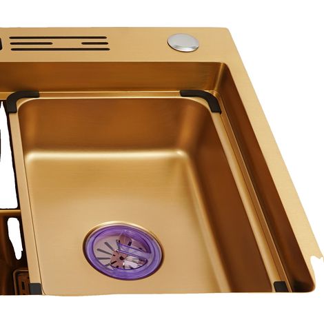 Fregadero de cocina doble, acero inoxidable, 78x46x24 cm, bajo encimera/empotrado/encastrado, dorado (1/5)