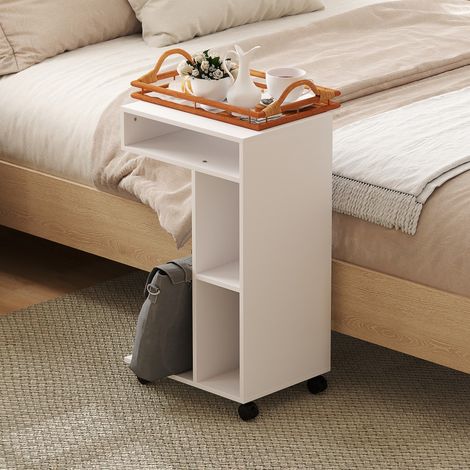 Table d'appoint en C sur roulettes - 40x30x69 cm - Bout de canapé meuble de rangement bureau laptoptisch mobile 4 niches - Blanc (1/5)