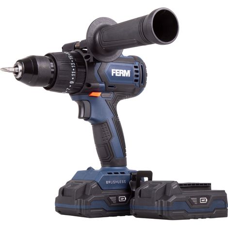 Trapano avvitatore con percussione 20V - 3 funzioni: foratura, trapano a percussione e avvitatura. Brushless. Include 2 batterie 2.0Ah, caricabatterie, maniglia laterale e 2 punte