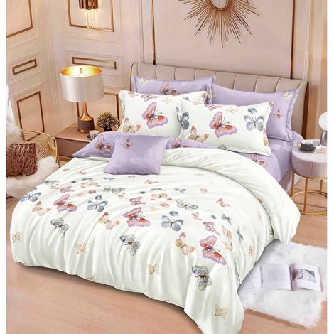 Parure de lit pour 2 personnes, FINET, 6 pièces : drap-housse 180x200 cm, housse de couette 200x230 cm, 2 taies d’oreiller 70x70 cm, 2 taies d’oreiller 55x75 cm, imprimé papillons, blanc-violet pâle (1/5)
