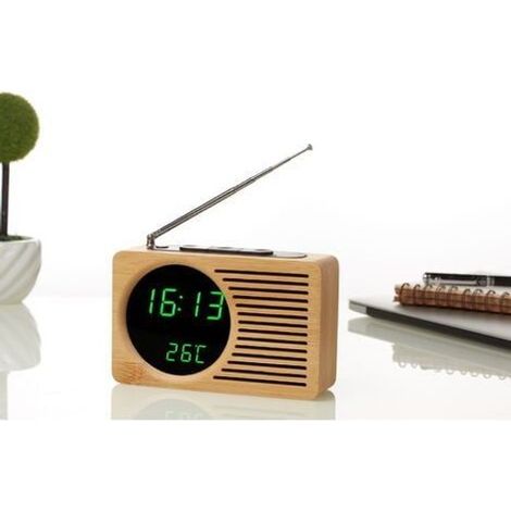 Radio de chevet rétro en bambou véritable, réveil paresseux silencieux, horloge électronique avec miroir, lumière verte, 16.5x9x4.5 cm, cadeau créatif