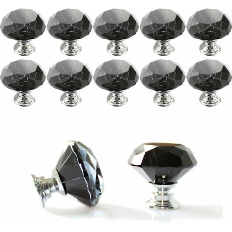 10 Pcs 30 mm Verre Placard Boutons de cristal forme de diamant Poignée de traction pour tiroirs Commode Armoire placards de cuisine,Noir (1/5)