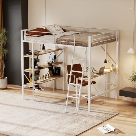 Letto a Soppalco 90×200 cm, Letto Singolo con Scrivania e 3 Scaffali, senza Materasso, Metallo e MDF, Bianco