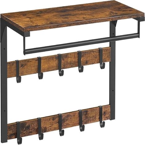 Wandgarderobe mit 10 abnehmbaren Haken in 2 Reihen, Kleiderstange, für Eingangsbereich, Schlafzimmer, Badezimmer, rustikales Braun und Schwarz