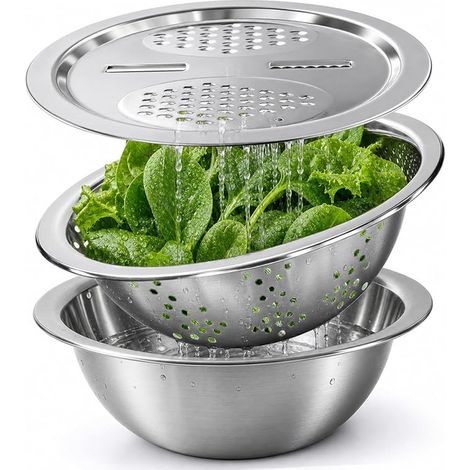 Stainless Steel Colander, Stainless Steel Colander and Mixing Bowl Set with Cheese Grater, Stainless Steel Salad Bowl for Washing Vegetables (24cm)