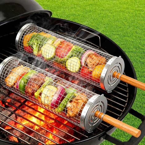 Set de Panier de Barbecue en Acier Inoxydable avec Poignée en Bois – 2 Paniers de Cuisson Tournants et Pliables, 31x10cm + 30x9cm, pour Légumes, Viande, Poisson sur Grill et Feu de Camp (1/5)