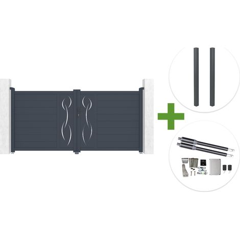 Portail battant 3m LIFE H.140cm aluminium gris + 2 poteaux ELDA + motorisation Ranger B150 (1/5)