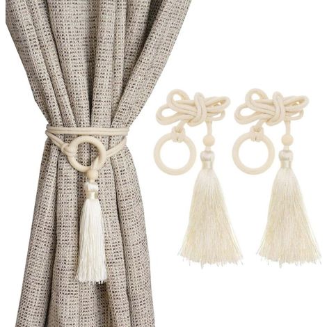 Sujetadores de cortina de cuerda de algodón, aptos para cortinas decorativas de interior y exterior, elegantes clips decorativos para cortinas con borlas, juego de 4, color beige.
