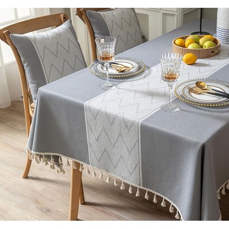 Tischdecke aus Baumwollleinen mit Fransen für Küche, Esszimmer und Tisch, maschinenwaschbar, Grau, 140 x 260 cm