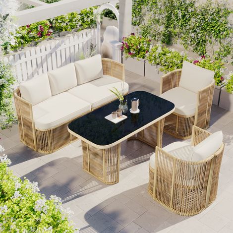 Ensemble de jardin 5 places beige, noir et blanc - verre trempé - coussins inclus - avec 2 fauteuils - pour terrasse et balcon - extérieur