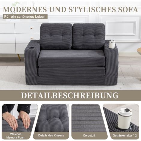 Canapé deux places velours côtelé gris avec porte-gobelets poches latérales, pouf convertible, dossier matelassé 130x75x40cm