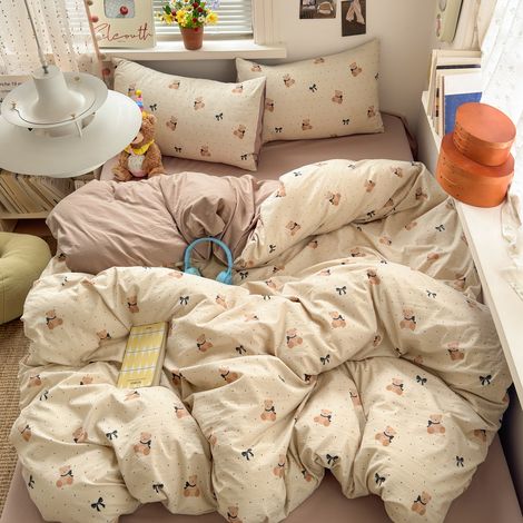 Ensemble de Literie 4 Pièces en Coton Lavé Doux Qualité A, Housse de Couette 180x220 cm avec Drap-Housse et Drap Plat, Parure de Lit Confortable pour Étudiant et Chambre Adulte-lsw