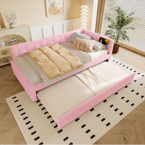 Lit simple 90x200 avec lit gigogne, bouclette rose OKMYHOME (1/5)