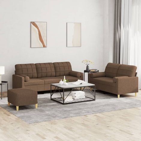 3-tlg. Sofagarnitur mit Kissen Braun Stoff (1/5)