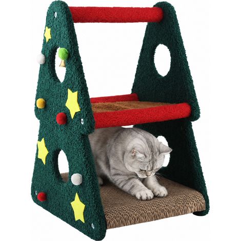 Arbre à Chat Noël 2 Niveaux – Tour Sapin avec Clochettes, Jouets Peluche, Carton Ondulé Haute Densité, Velours – Décor Fêtes (1/4)