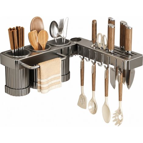 Porte-couteaux mural, gris anthracite, 3 compartiments, porte-baguettes sans perçage, acier au carbone (1/4)