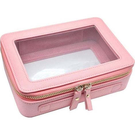 Boîte à cosmétiques transparente avec fermeture éclair, boîte de rangement pour cosmétiques pour tourisme, boîte carrée avec coussin d'air, boîte à crayon à lèvres, rose (1/5)