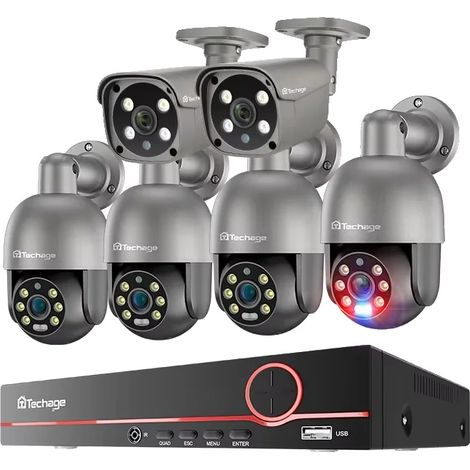 Cámara de vigilancia, resolución de 5 MP, visión nocturna, NVR de 8 canales, 6 cámaras, disco duro integrado de 1 TB. (1/2)