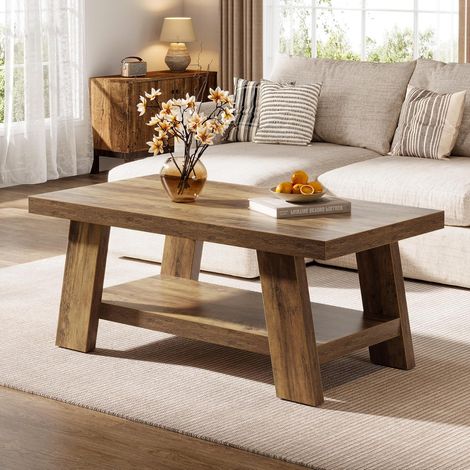 Tribesigns Farmhouse Coffee Table, Rustic Coffee Tables for Living Room, 120 cm Rectangular Wood Living Room Tables, 2-Tier Center Table with Storage for Apartment, Bedroom, Office (Rustic Brown) (1/5)