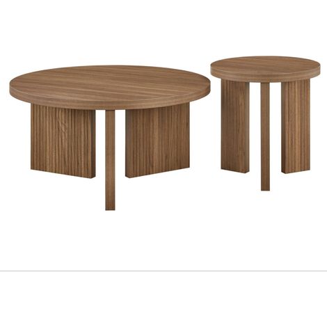 Set di tavolini da caffè rotondi con struttura scanalata, effetto noce marrone, in MDF, 2 pezzi (1/5)