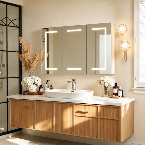 Armoire Miroir LED, Éclairage 3 Modes, Désembuage, Rangement flexible, Avec prise, Miroir de salle de bain, 100x13.5x60cm, B (1/5)