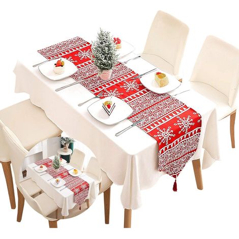 Red plaid cotton Christmas table runner, decorative home tablecloth, washable table runner with tassels (1/5)