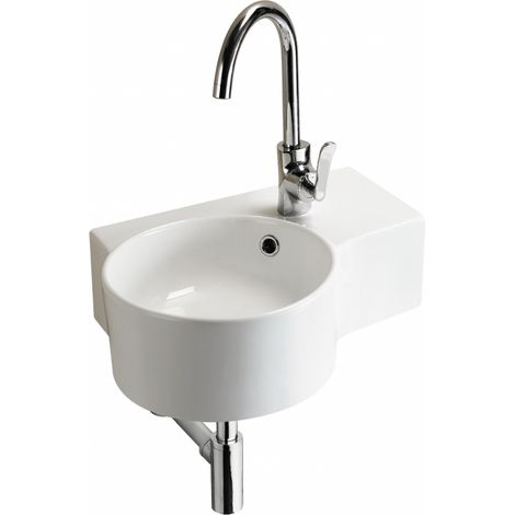Sanitaire – Lave-mains compact céramique blanc brillant – Vasque semi-ronde angle gauche – Dimensions L480 x P375 x H155 mm – Pour petits espaces (1/5)