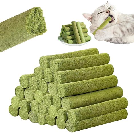 Lot de 30 bâtonnets d'herbe à chat - Friandises lyophilisées pour soins dentaires et élimination des pelotes de cheveux avec poulet, huile de poisson et prébiotique (1/5)