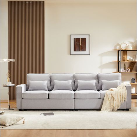 Sofá 264x83x87 cm gris en lino con 4 cojines y bolsillos en reposabrazos (1/5)