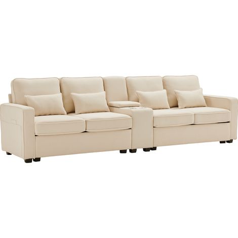 Divano moderno a 4 posti in tessuto di lino con console, 2 portabicchieri, 2 porte USB e 4 cuscini (1/5)