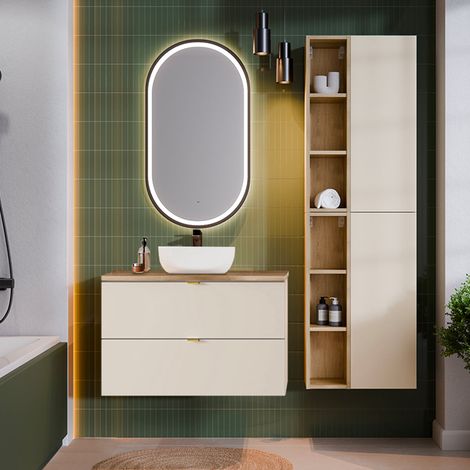 Conjunto mueble lavabo individual 80cm y columna Azel Cachemira y Madera (1/4)