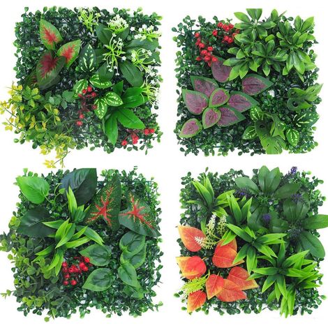 Mur de plantes d'extérieur - Lot de 4 plantes artificielles - 25 x 25 cm - Décoration pour mur, balcon et jardin (hybride 07) (1/5)