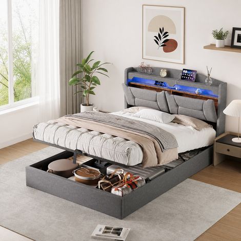 Lit coffre 140x190 cm, lit double en lin gris, rangement hydraulique, tête de lit avec LED et USB, sommier à lattes, capacité 300 kg (1/5)