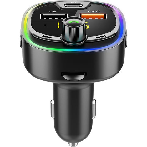 Émetteur-récepteur Bluetooth MP3 mains libres FM pour voiture avec éclairage d'ambiance coloré et double port USB T08D -- Noir (1/3)