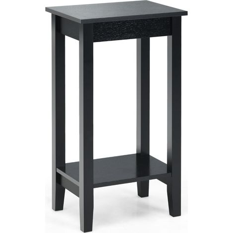 Tavolino da salotto con 2 livelli e 4 gambe in solido legno, Tavolino di servizio stretto e compatto Nero (1/4)
