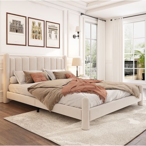 Bett Doppelbett 160x200 Samt mit Lattenrost Beige OKMYHOME (1/5)