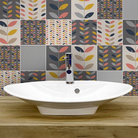 Sticker Mural Carrelage adhésif Cuisine Salle de Bain - 24 STICKERS CARREAUX DE CIMENT SCANDINAVE KALLAN - 24stickers10x10cm (1/5)