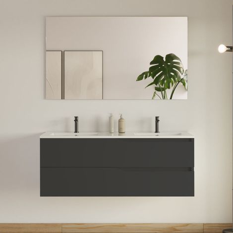 Meuble de salle de bain 120cm avec plan double vasque - 2 tiroirs - noir - LUNA (1/4)