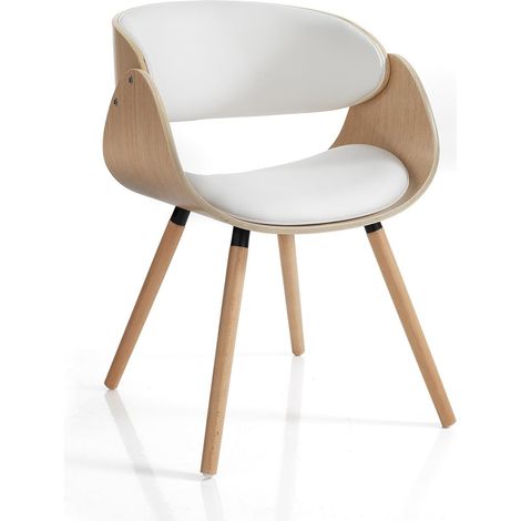 Silla de diseño en madera maciza de roble y cuero blanco Michigan Wood