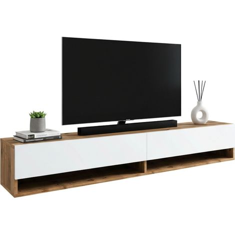 Dmora - Mueble de televisión Dkechrid, Aparador de salón, Mueble bajo para TV, Base de pared equipada, 180x32h29 cm, Roble y Blanco