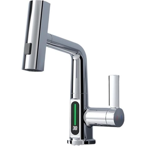 Robinet de cuisine Robinet de lavabo cascade à affichage numérique LED de la température, robinet extractible pulvérisateur à jet d'eau chaude et froide mélangeur robinets de salle de bains(Silver Wit (1/5)