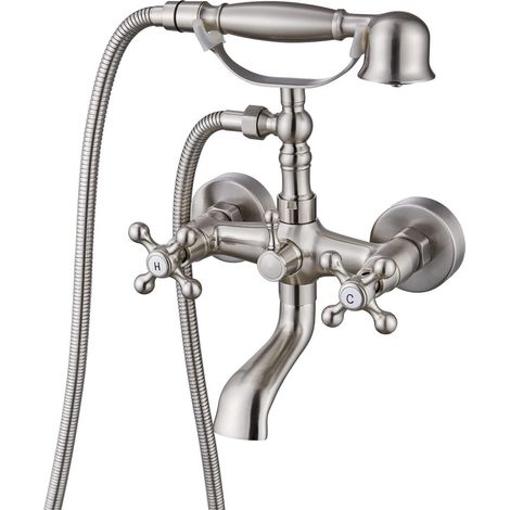 Baignoire murale vintage en nickel brossé avec robinet et ensemble de douche