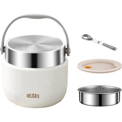 1200 ml Thermobehälter für warme Speisen, Edelstahl-Thermoskanne mit Griff, Speisebehälter mit Klapplöffel, ideal für Suppen, Nudeln, Reis (weiß)