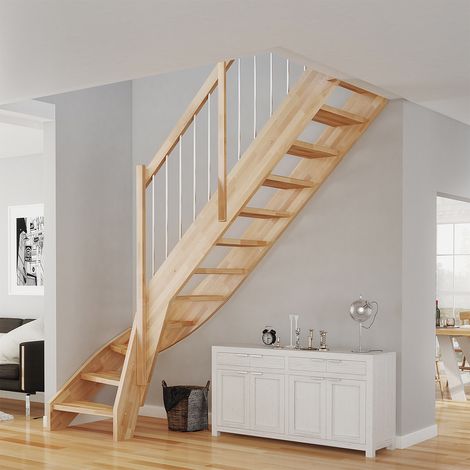 Dolle Raumspartreppe Faro 1/4-gewendelt 243-299cm GH 55-75cm breit Buche unbehandelt Stabgeländer aus Edelstahl rund 16 mm