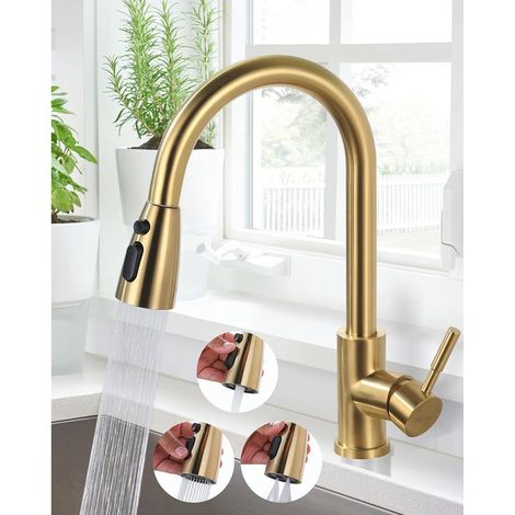 Robinet extensible haute pression cuisine pivotant à 360° en acier inoxydable avec cartouche en céramique anti-fuite 3 types de jet Doré (1/4)