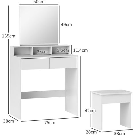 Coiffeuse en bois (avec miroir, 3 étagères, 2 tiroirs et tabouret), 75 x 38 x 135 cm, blanche (1/5)