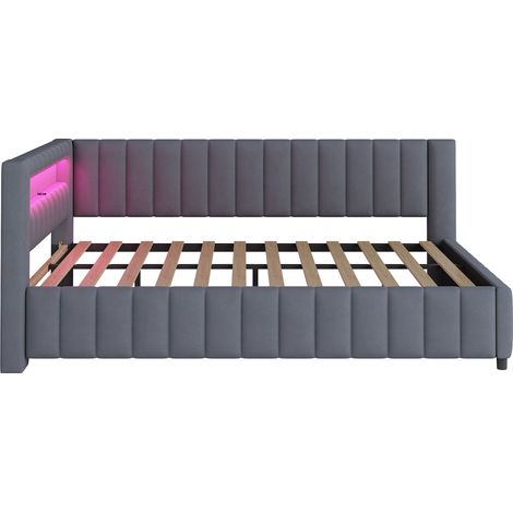 Gepolstertes L-Bett aus grauem Samt 140 x 200 cm mit LED und USB MODENUIT (1/5)