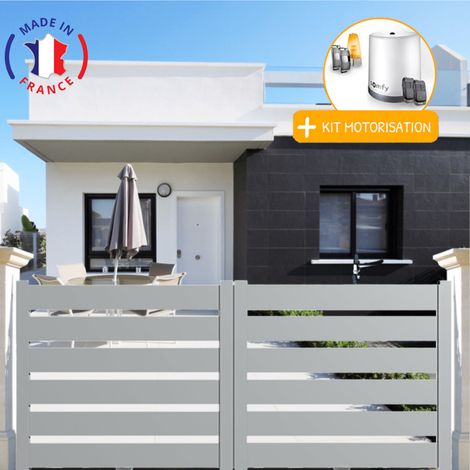 Portail aluminium coulissant SAH en kit + Motorisation dimensions L.3500 (entre piliers) X H.1700 mm Couleurs Gris clair (RAL 7035) (1/2)
